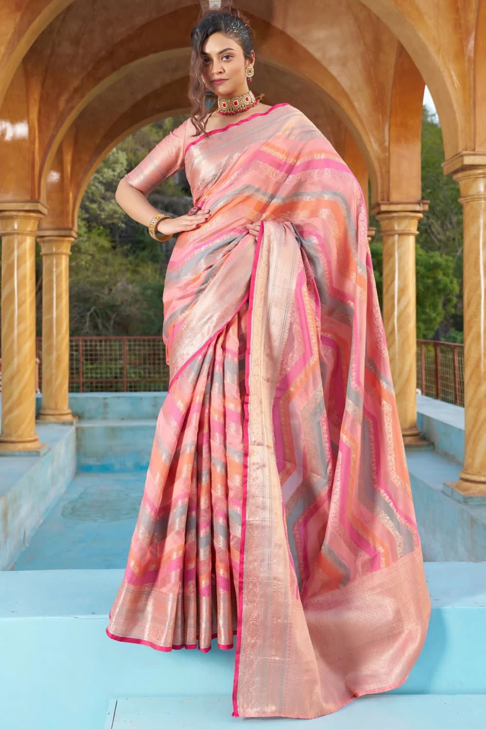 Pure Organza Silk Multi Color Lehariya Zari Weaved Pallu Sarees