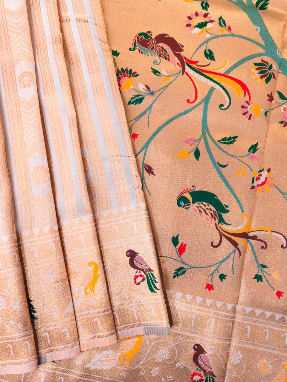 Cream Premium Soft Paithani Silk Rich Zari Meena Weaved Saree