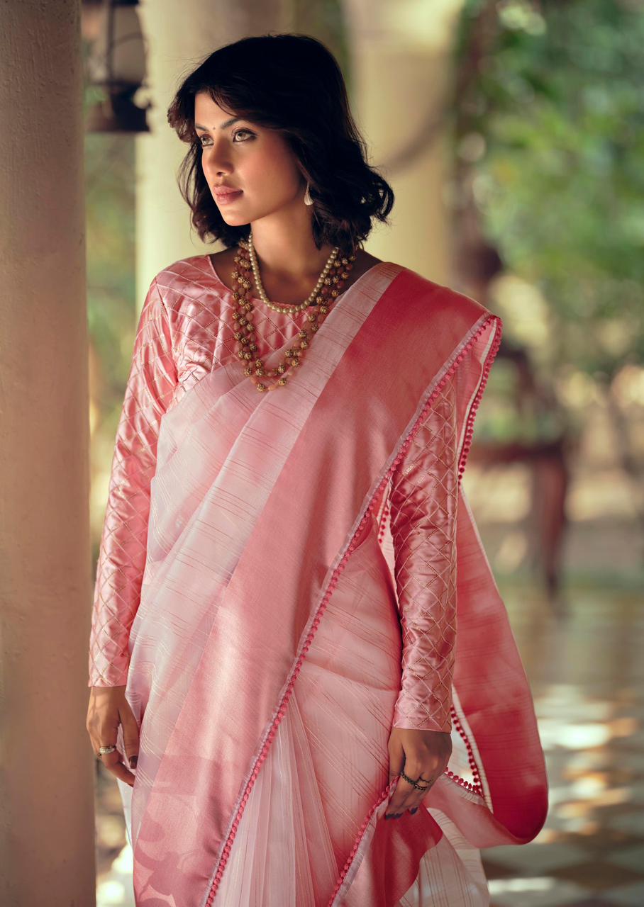 Pure Organza Silk All Over Zari Check Weaved With Satin Border Sarees