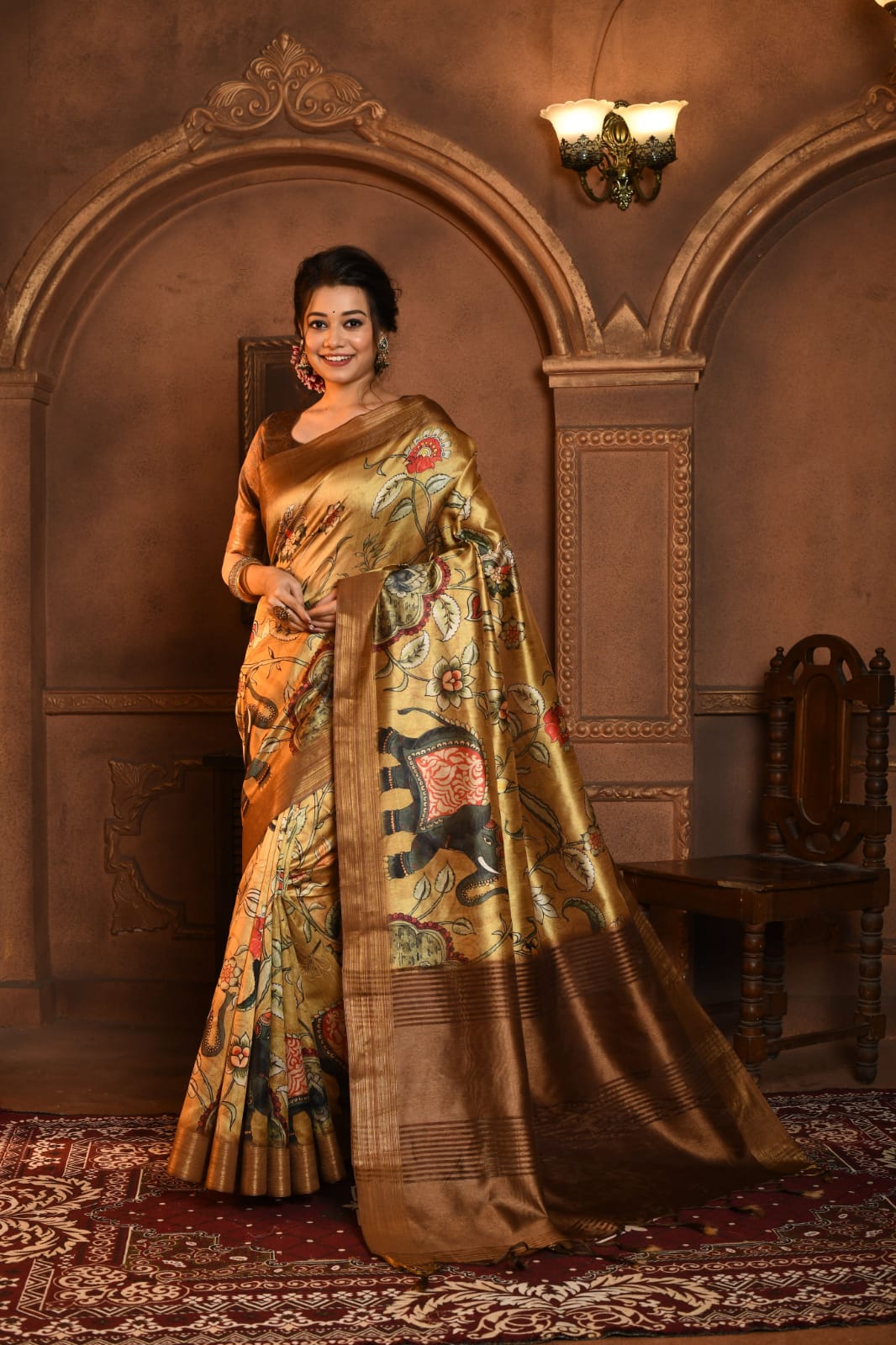 Ghicha Tussar Silk All Over Kalamkari Print Rich Zari Pallu Saree
