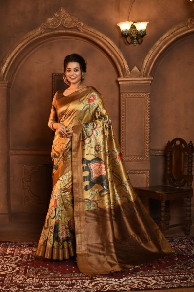 Image of Ghicha Tussar Silk All Over Kalamkari Print Rich Zari Pallu Saree