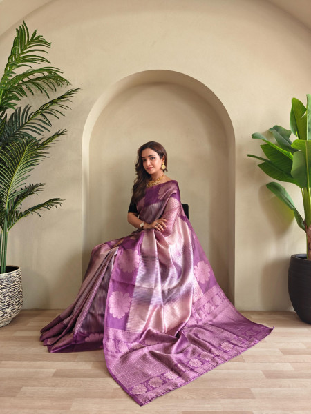 Image of Purple Premium Silk Printed Body Weaved Pallu Border Saree