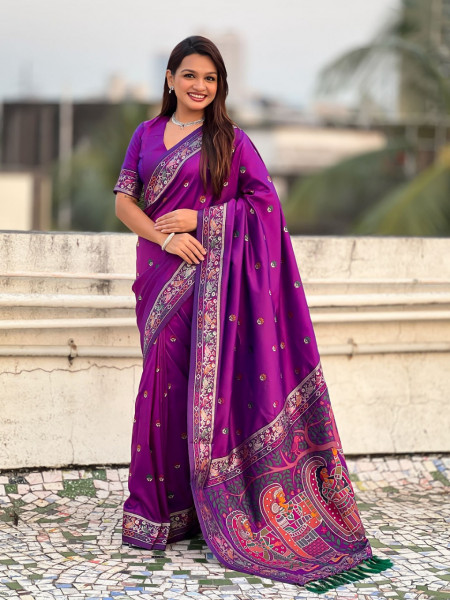 Image of Dark Purple Soft Silk Meenakari Floral Motifs Rich Zari Weaved Saree
