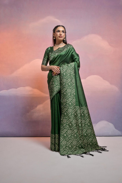 Image of Bottle Green Soft Handloom Silk Worli Weaved Pallu Border Saree