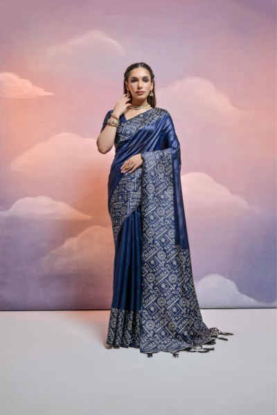 Image of Dark Blue Soft Handloom Silk Worli Weaved Pallu Border Saree