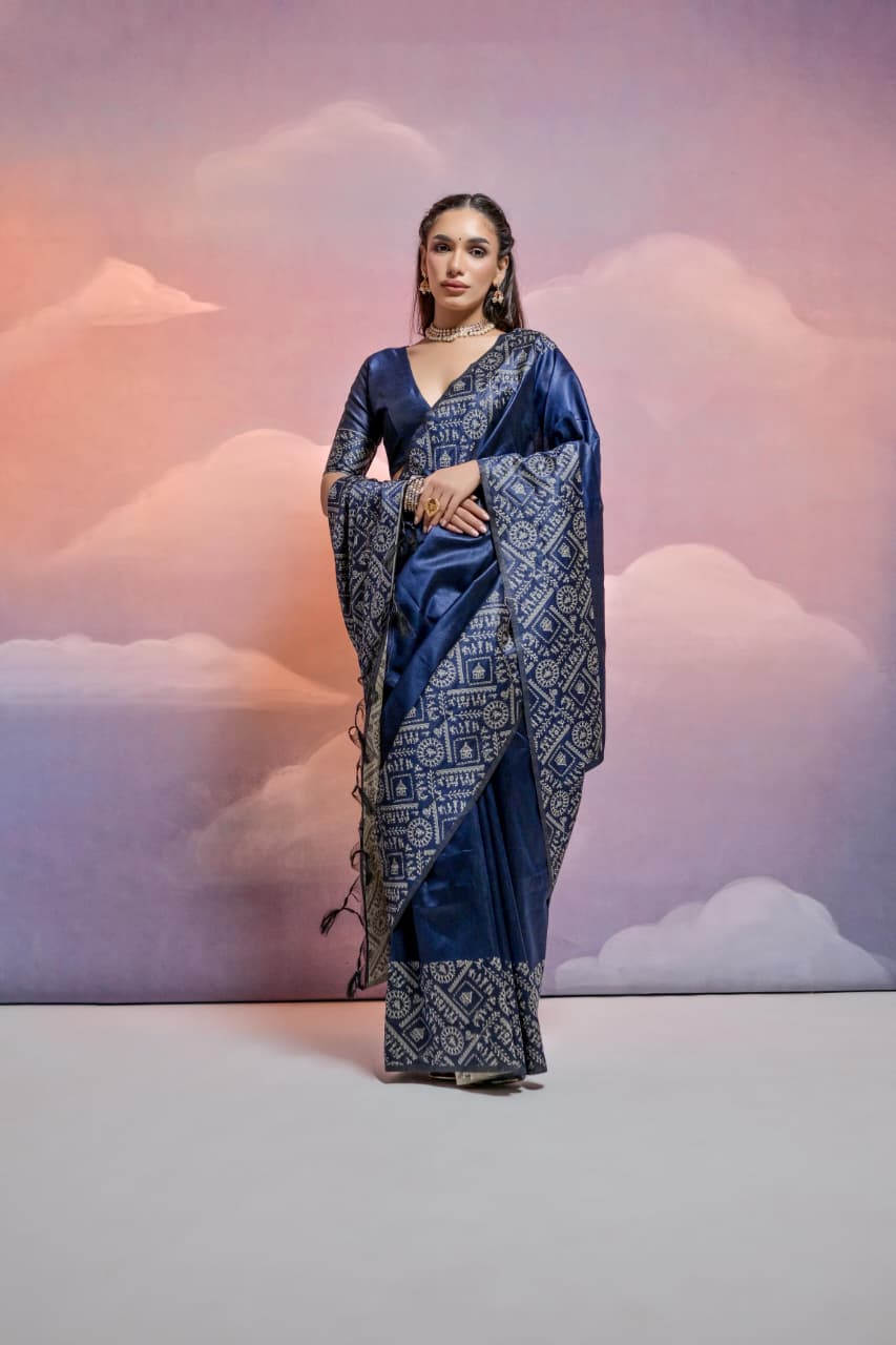 Dark Blue Soft Handloom Silk Worli Weaved Pallu Border Saree
