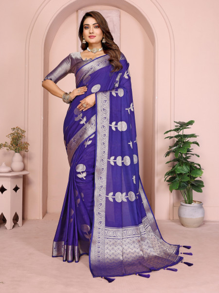 Image of Indigo Banarasi Soft Georgette Silk Zari Weaved Rich Pallu Border Saree