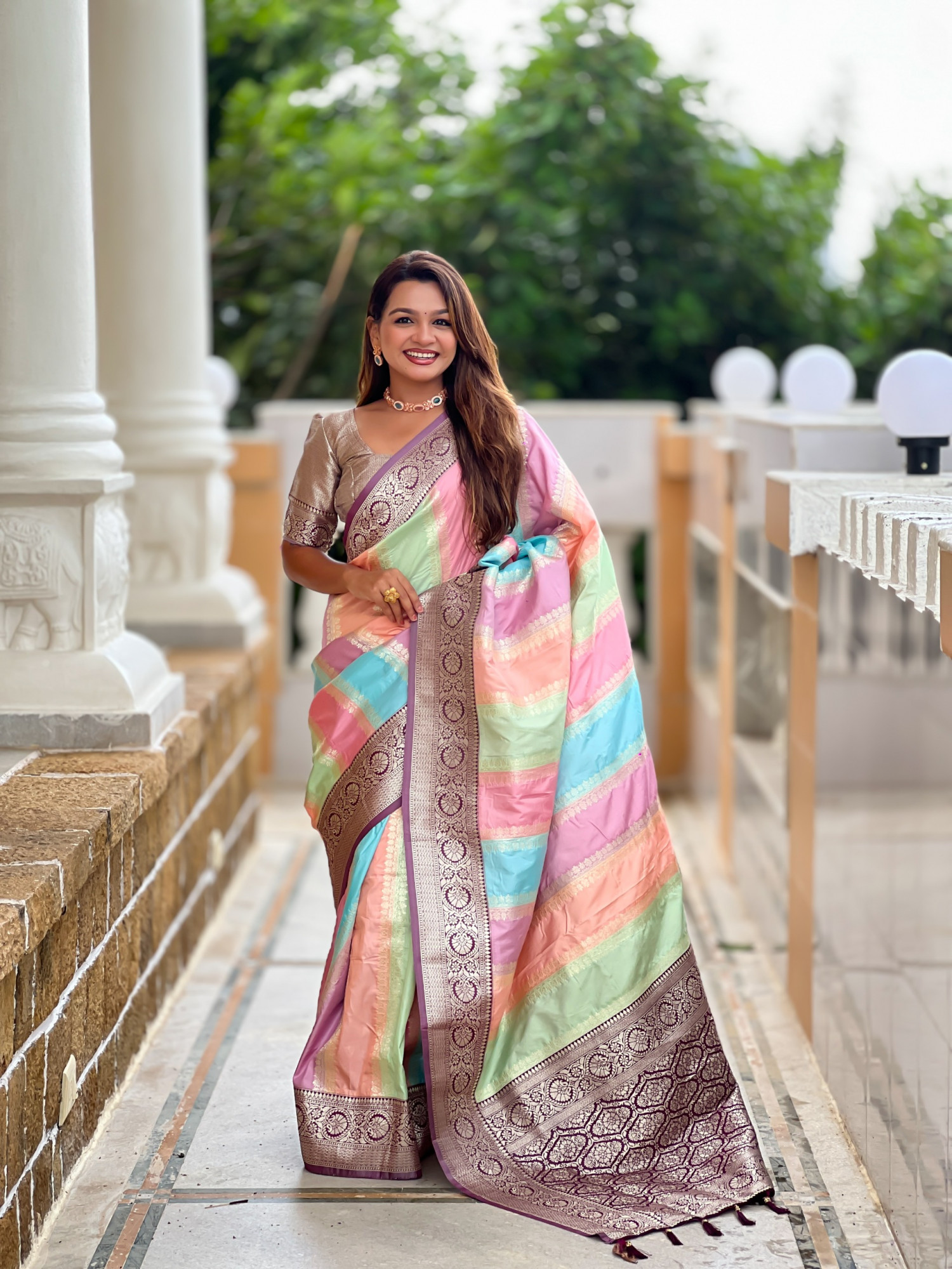 Multicolor Pure Banarasi Silk Rich Zari Weaved Pallu Dark Purple Border Saree