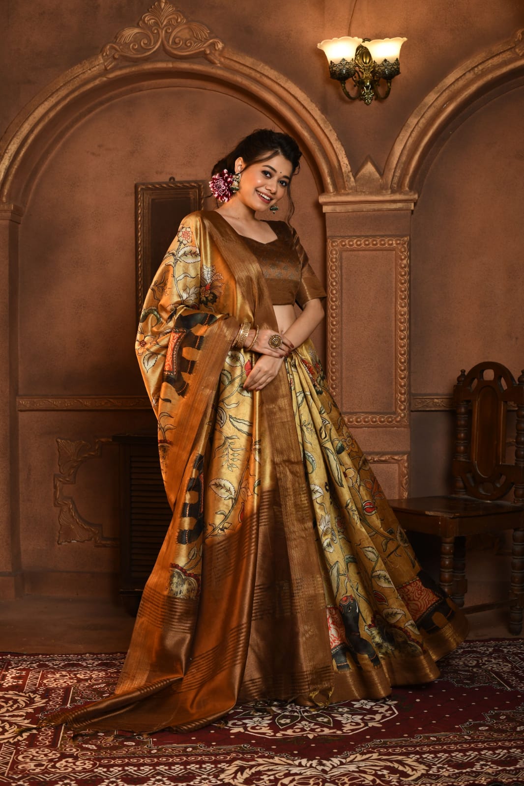 Ghicha Tussar Silk All Over Kalamkari Print Rich Zari Pallu Saree