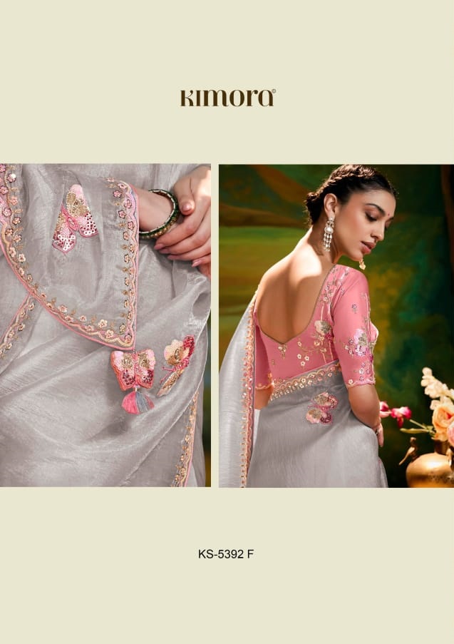 Gray Pure Tissue Organza Embroidered Sequence Worked Saree