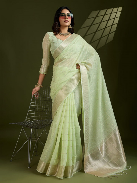 Image of Apple Green Pure Linen Tissue Silk Check Weaved Body Rich Zari Weaved Pallu Border Saree