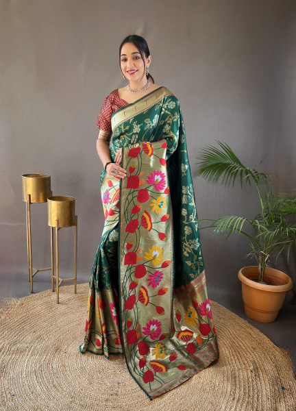 Image of Bottle Green Banarasi Paithani Silk Rich Zari Meenakari Weaved Saree