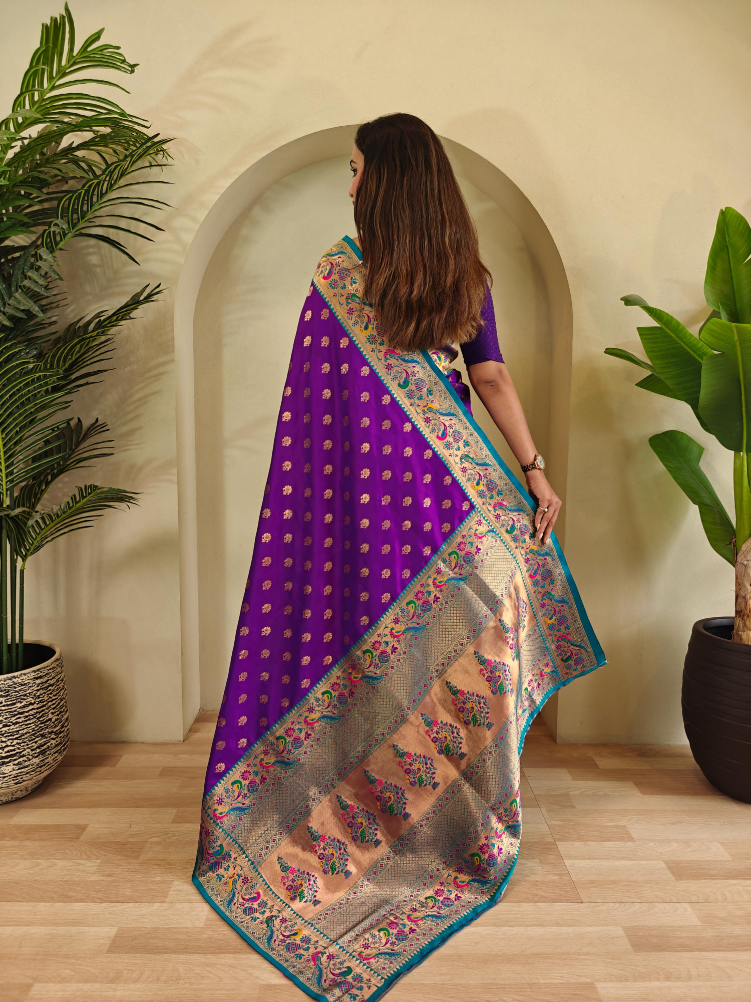 Dark Purple Banarasi Paithani Silk Zari Meena Weaved Contrast Saree