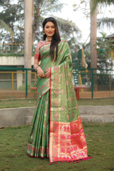 Image of Olive Green Premium Organza Silk Ikkat Patola Weaved Saree