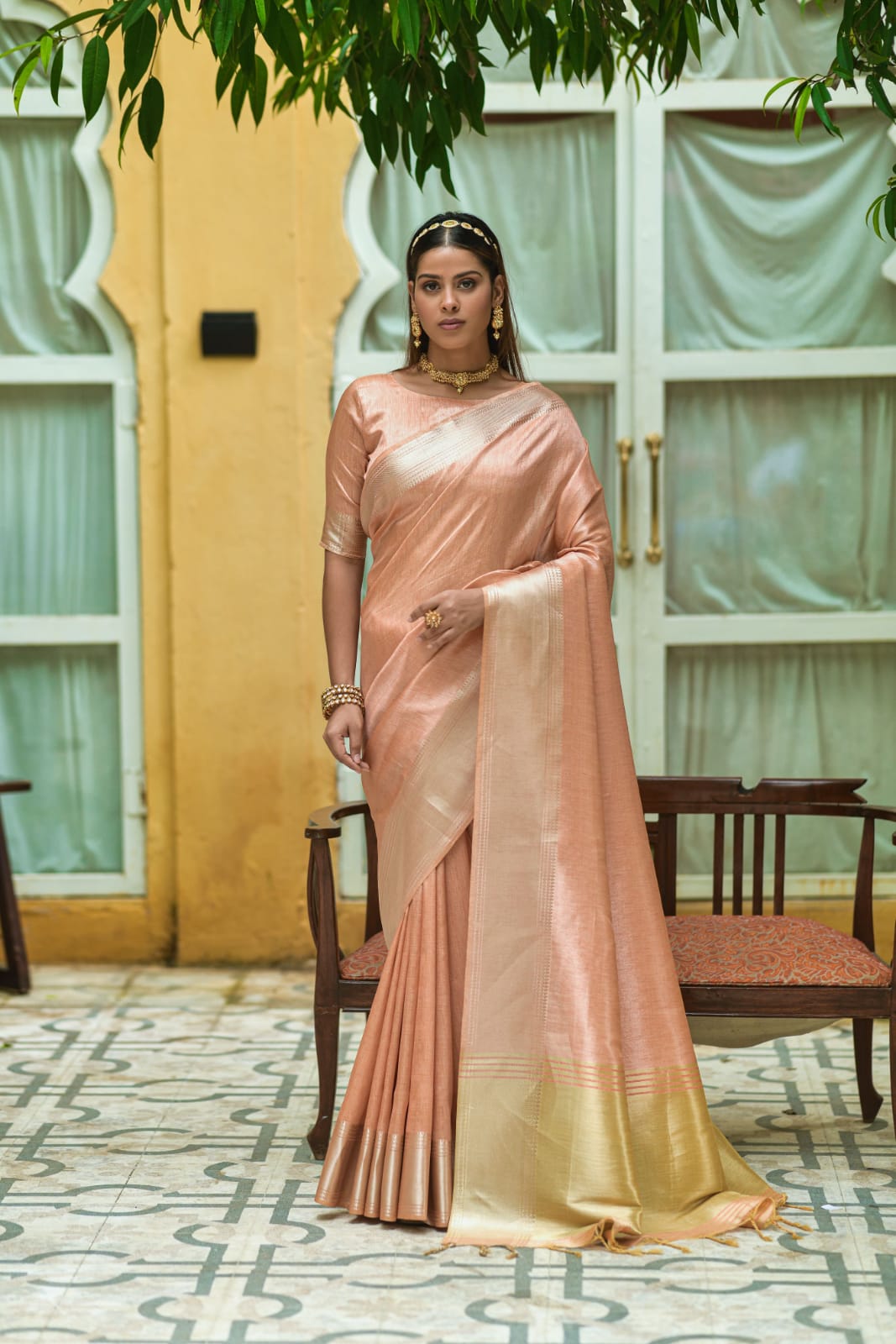 Pure Linen Silk Plain Body With Temple Border Rich Zari Weaved Pallu Sare