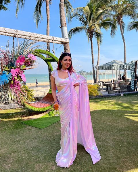 Lilac Chrome Satin Silk All Over Rainbow Shades Saree