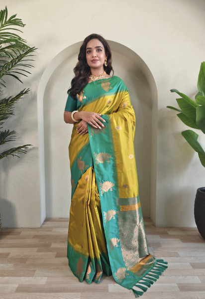 Image of Mustard Banarasi Silk All Over Zari Weaved Body Motifs Border Rich Pallu Saree