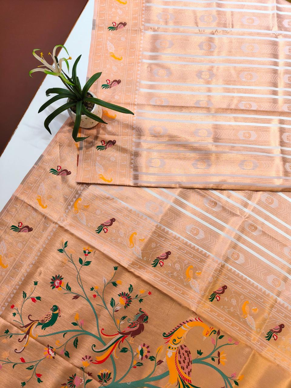 Cream Premium Soft Paithani Silk Rich Zari Meena Weaved Saree