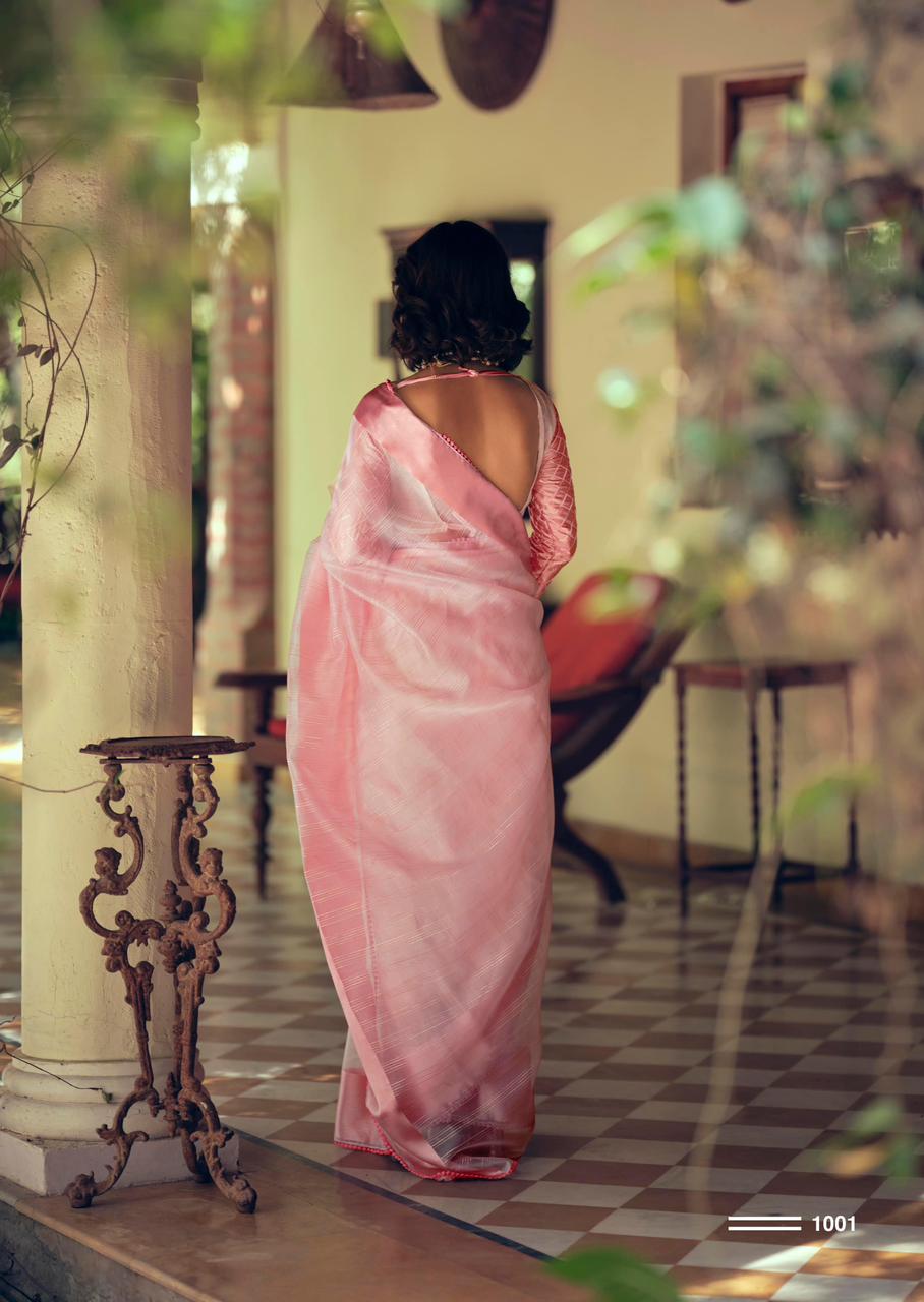 Pure Organza Silk All Over Zari Check Weaved With Satin Border Sarees