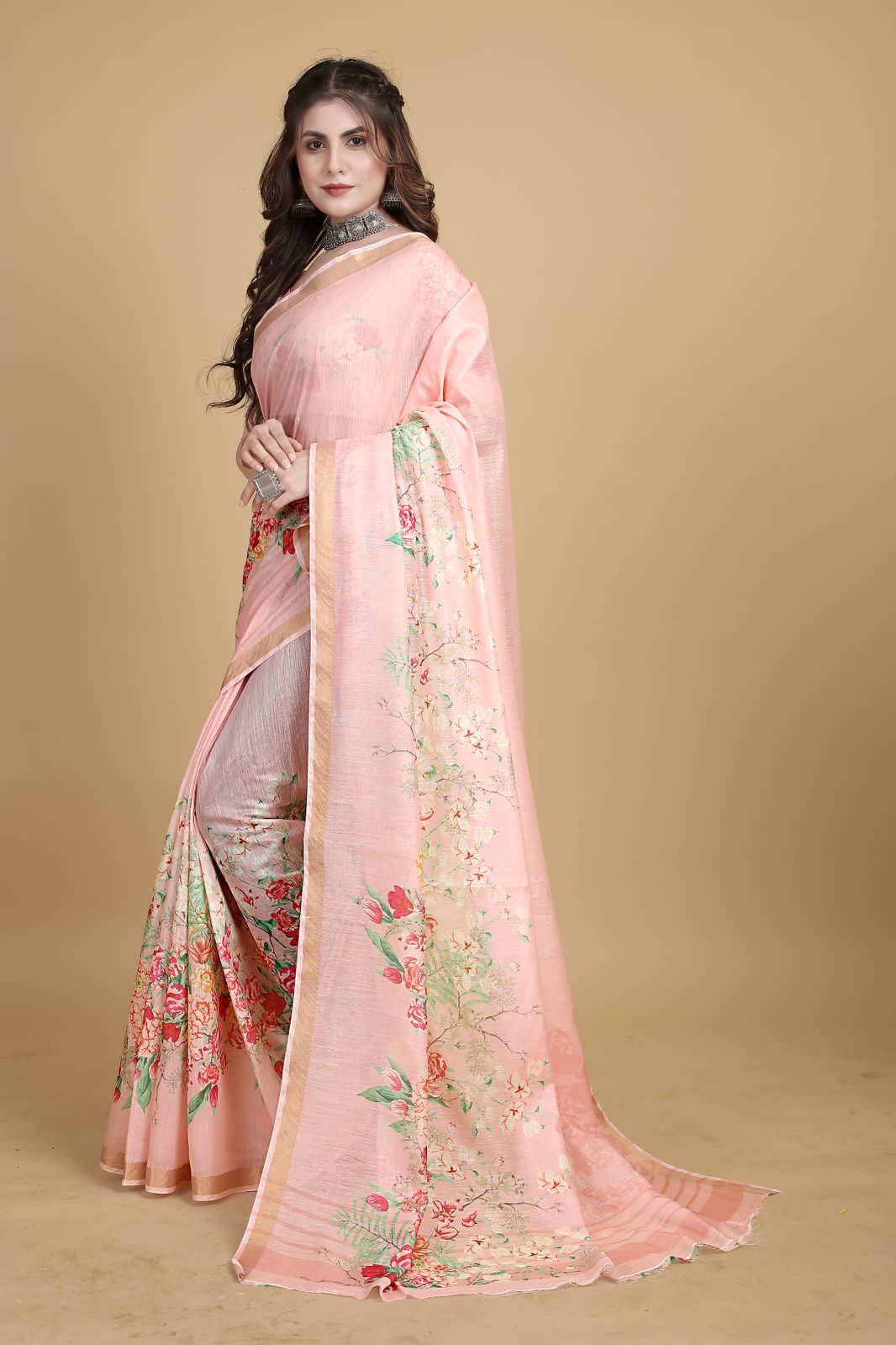 Pure Linen Digital Floral Printed With Tiny Zari Border Saree