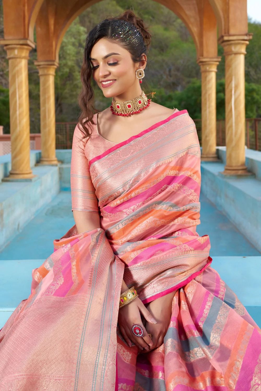 Pure Organza Silk Multi Color Lehariya Zari Weaved Pallu Sarees