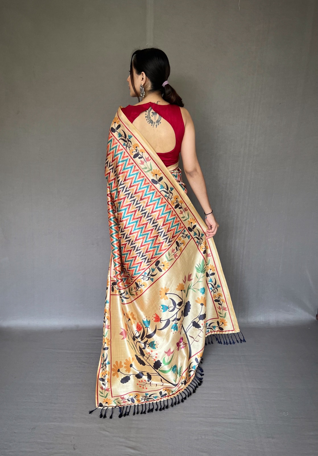 Soft Silk Paithani Style Printed All Over With Tassels On Pallu Saree