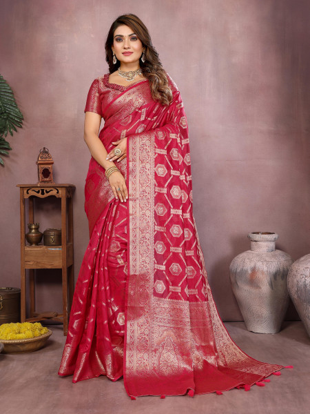 Image of Red Soft Organza Silk Rich Zari Weaved Body Pallu Border Saree