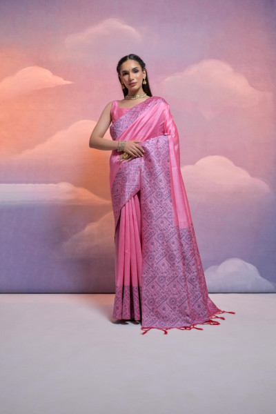Image of Pink Soft Handloom Silk Worli Weaved Pallu Border Saree