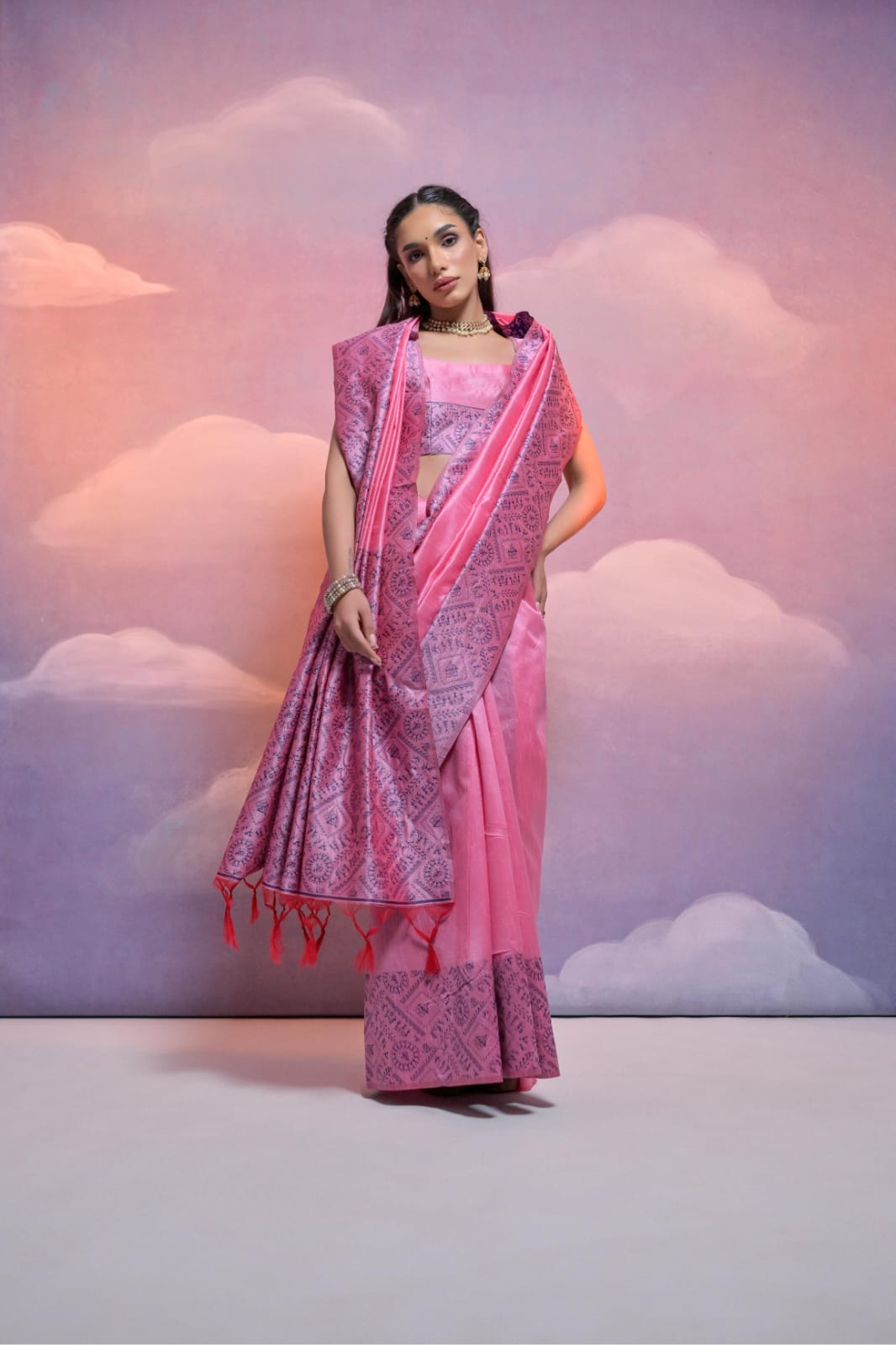 Pink Soft Handloom Silk Worli Weaved Pallu Border Saree