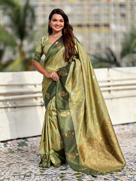 Image of Olive Green Banarasi Soft Silk Zig Zag Zari Weaved Motifs Saree