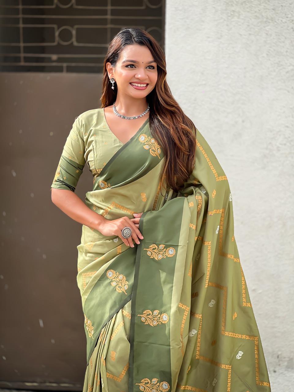 Olive Green Banarasi Soft Silk Zig Zag Zari Weaved Motifs Saree