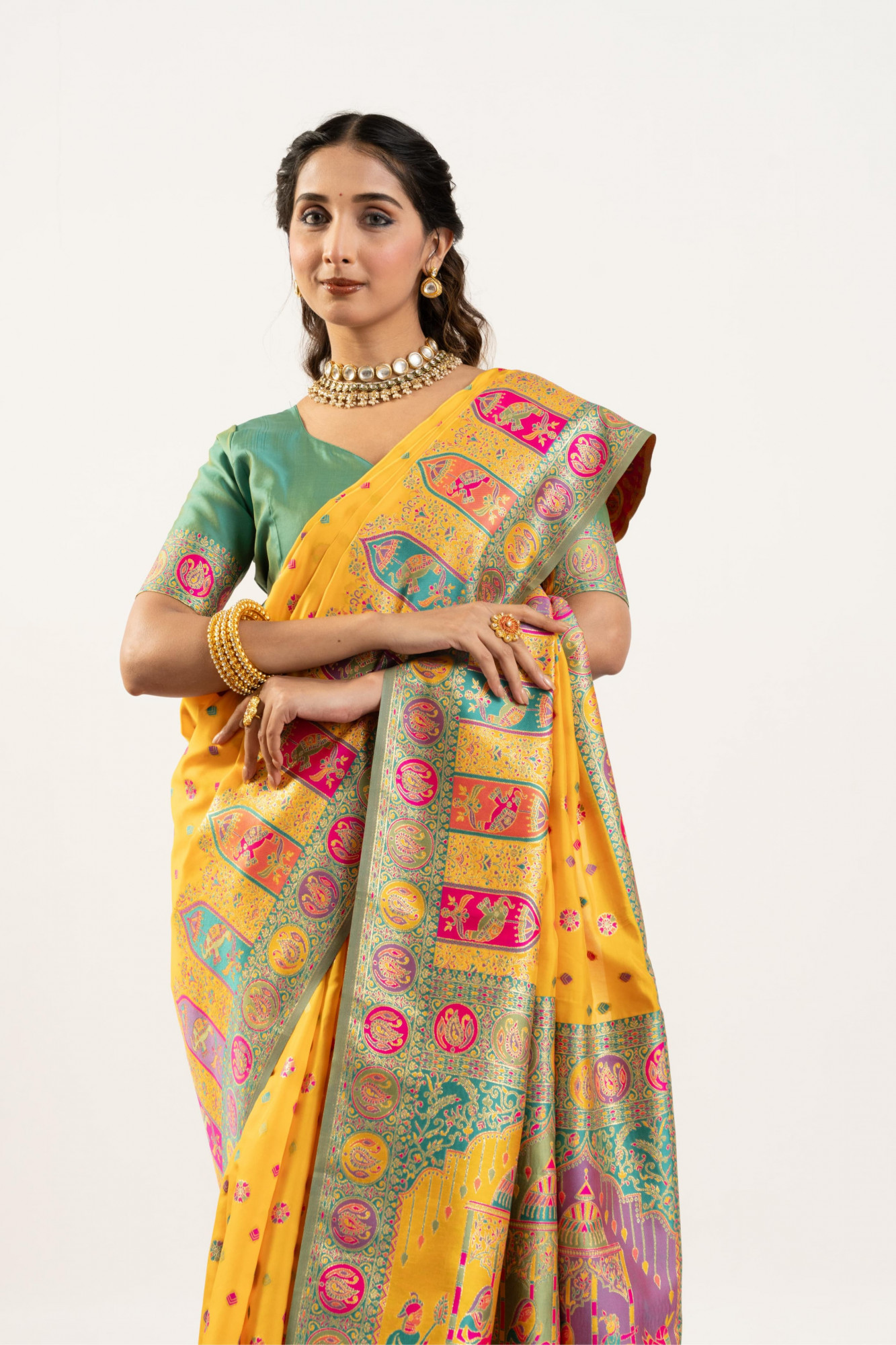 Gold Pure Banarasi Pashmina Silk Resham Zari Weaved Saree