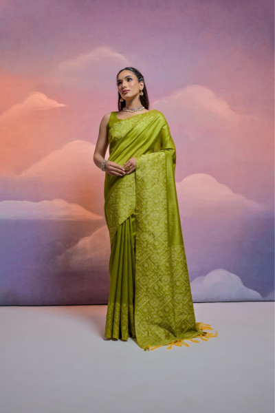 Image of Mehendi Green Soft Handloom Silk Worli Weaved Pallu Border Saree