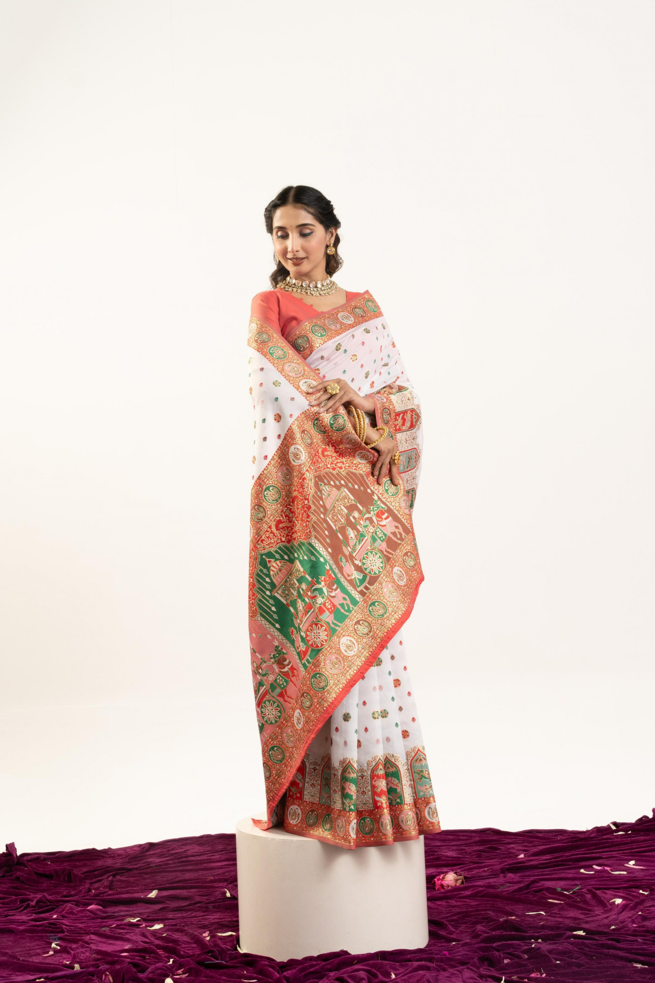 White Pure Banarasi Pashmina Silk Resham Zari Weaved Saree