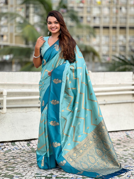 Image of Sky Blue Banarasi Soft Silk Zig Zag Zari Weaved Motifs Saree