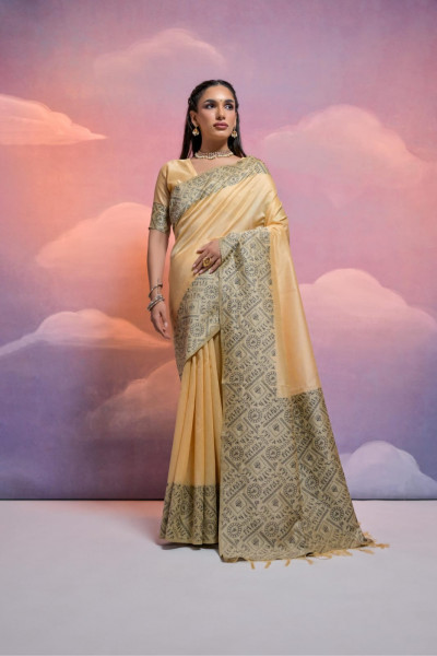 Image of Cream Soft Handloom Silk Worli Weaved Pallu Border Saree