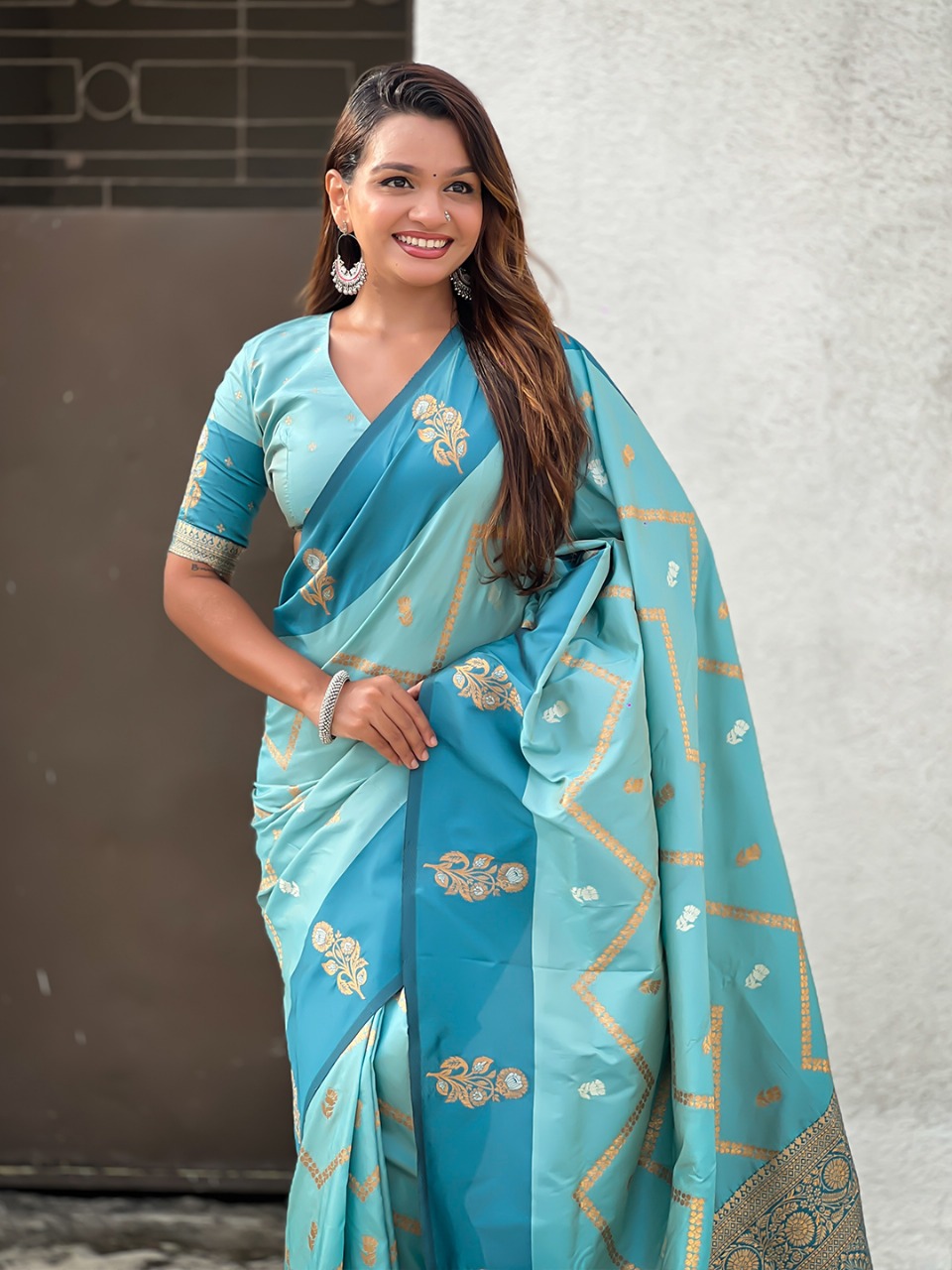 Sky Blue Banarasi Soft Silk Zig Zag Zari Weaved Motifs Saree