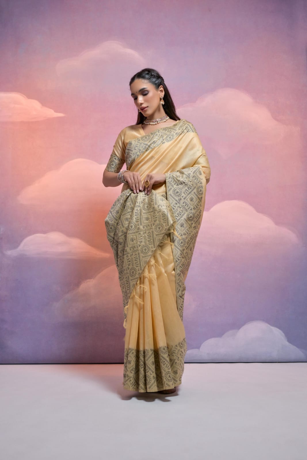 Cream Soft Handloom Silk Worli Weaved Pallu Border Saree