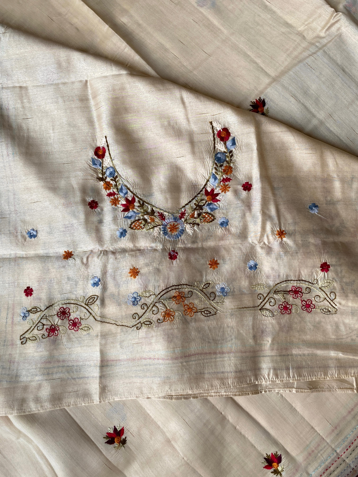 Beige Premium Tussar Silk Multi Embroidered Saree