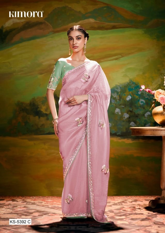Pink Pure Tissue Organza Embroidered Sequence Worked Saree