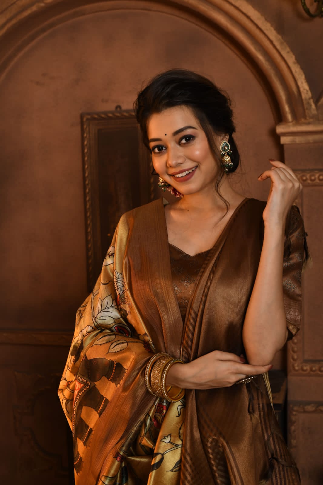 Ghicha Tussar Silk All Over Kalamkari Print Rich Zari Pallu Saree