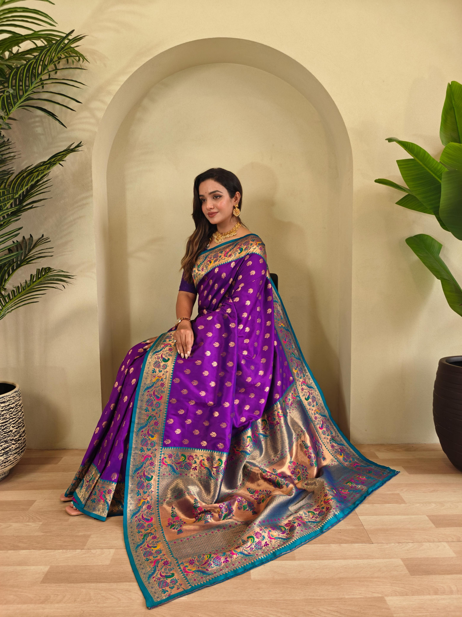 Dark Purple Banarasi Paithani Silk Zari Meena Weaved Contrast Saree