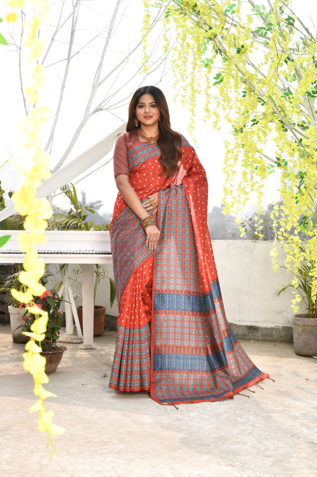 Cotton Silk All Over Zari Striped Pattern With Printed Pallu Saree