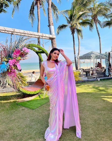 Lilac Chrome Satin Silk All Over Rainbow Shades Saree