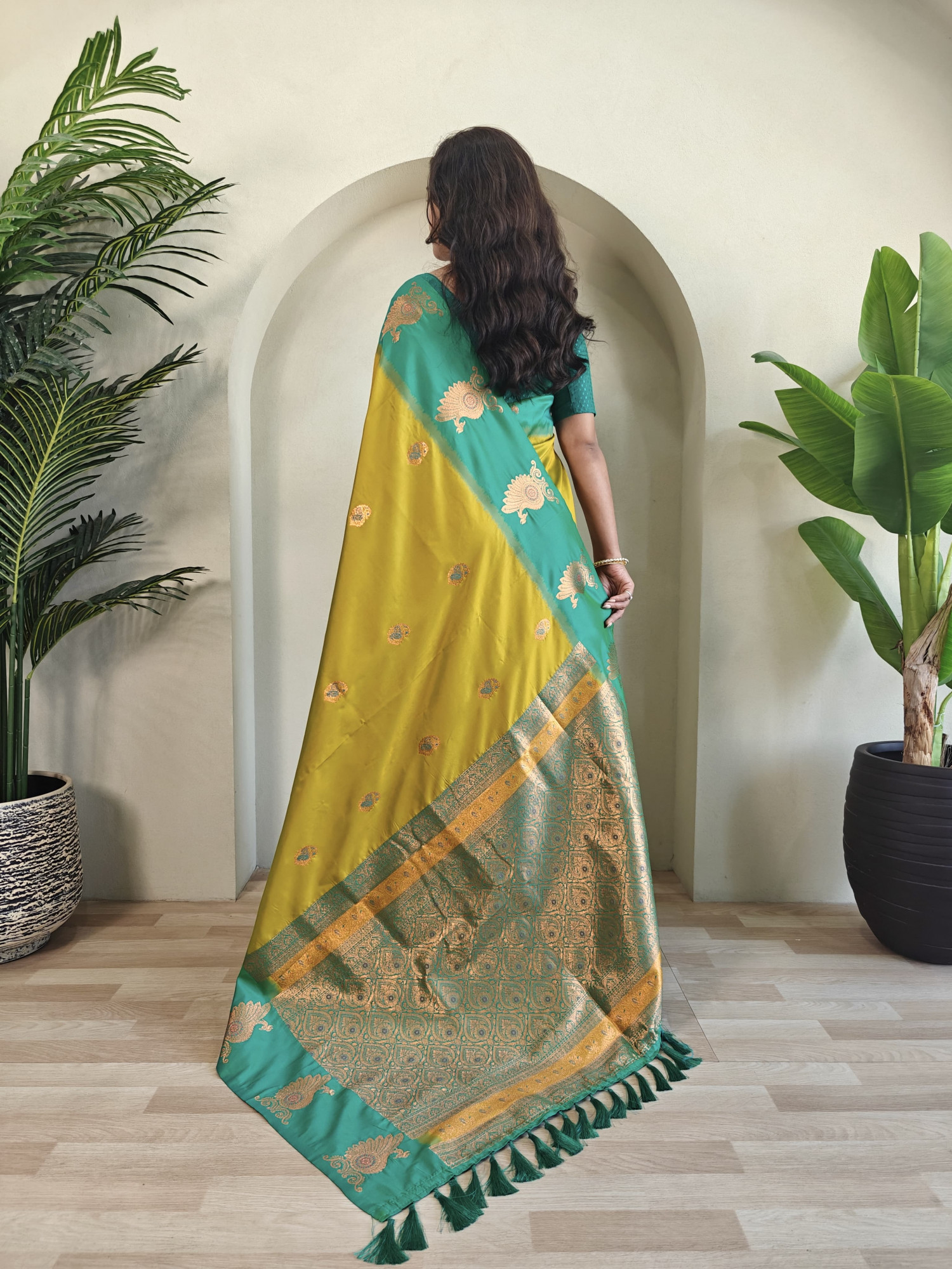 Mustard Banarasi Silk All Over Zari Weaved Body Motifs Border Rich Pallu Saree