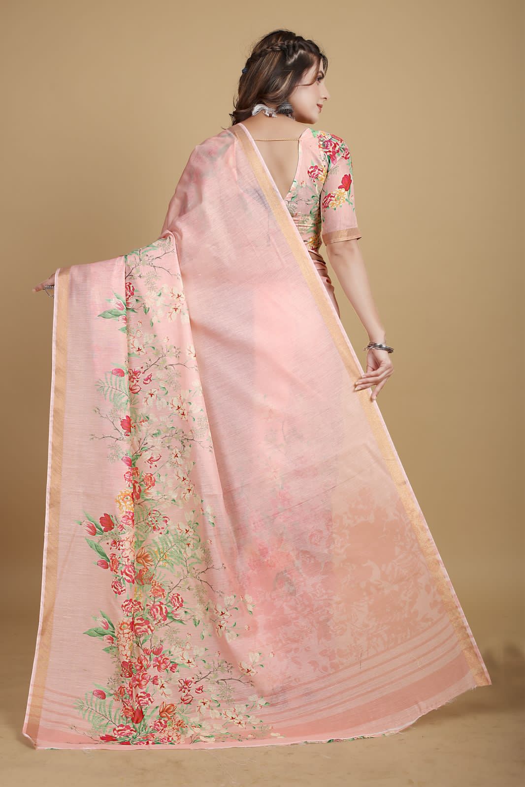 Pure Linen Digital Floral Printed With Tiny Zari Border Saree