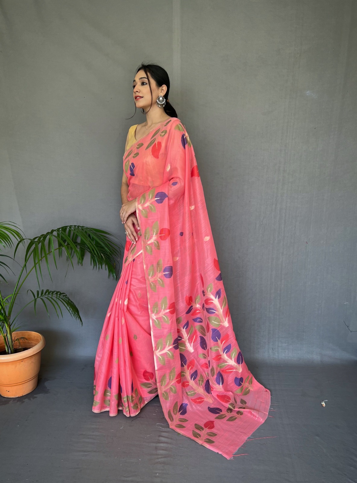 Pure Linen Jamdani Multi Color Meenakari Weaved With Rich Pallu Saree