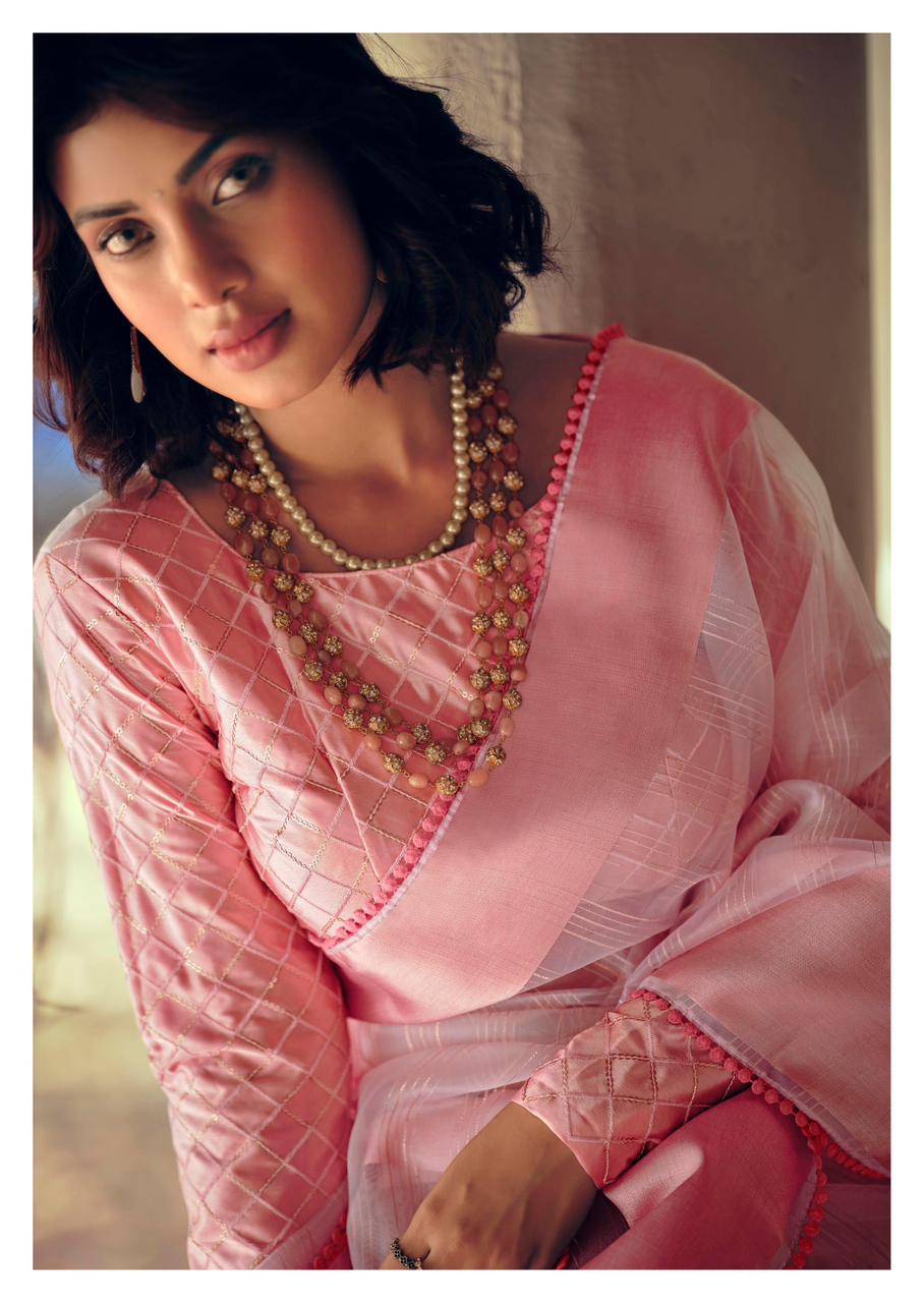 Pure Organza Silk All Over Zari Check Weaved With Satin Border Sarees