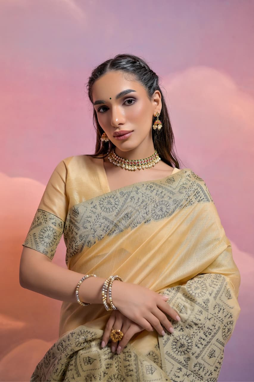 Cream Soft Handloom Silk Worli Weaved Pallu Border Saree