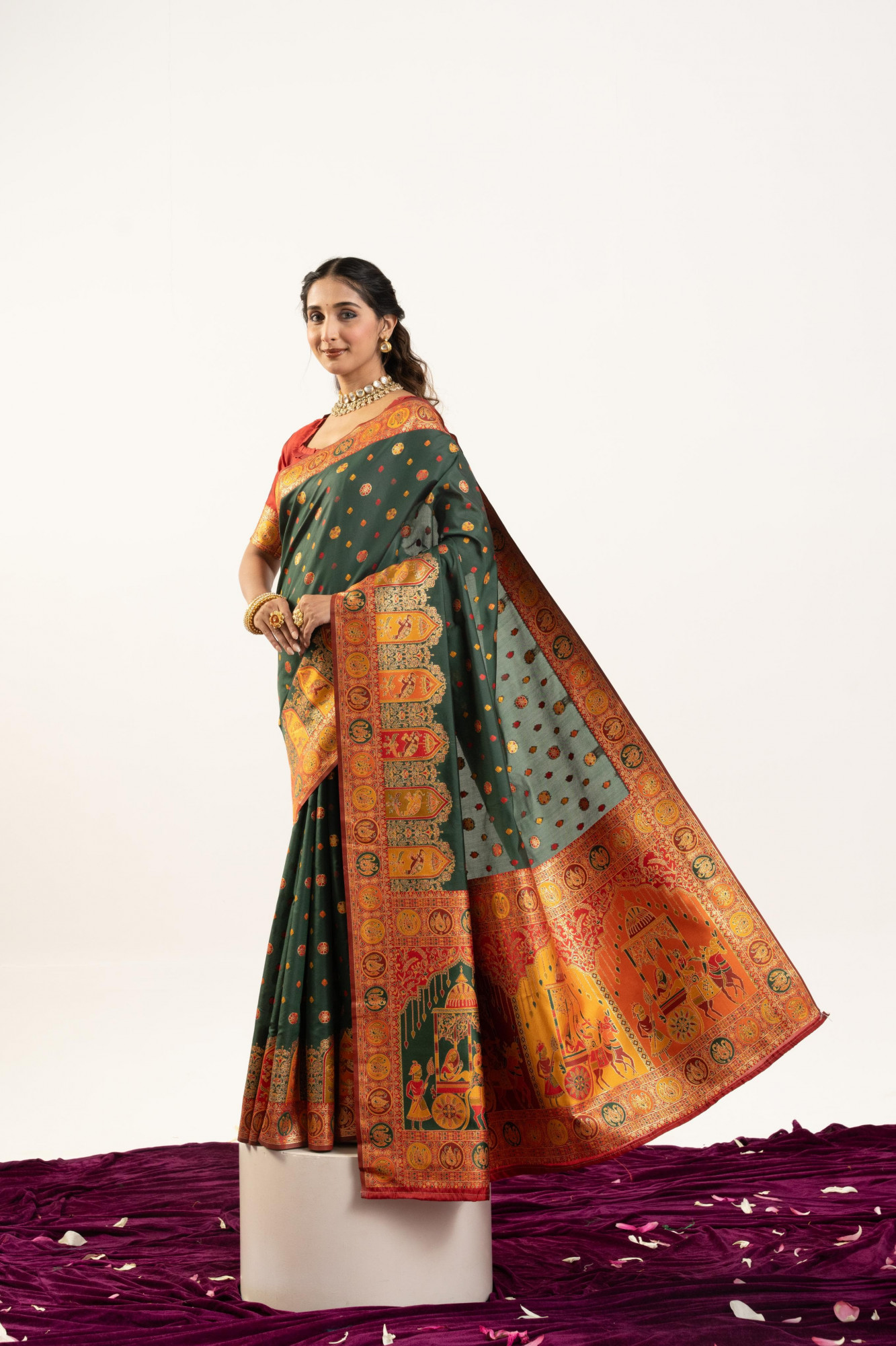 Bottle Green Pure Banarasi Pashmina Silk Resham Zari Weaved Saree